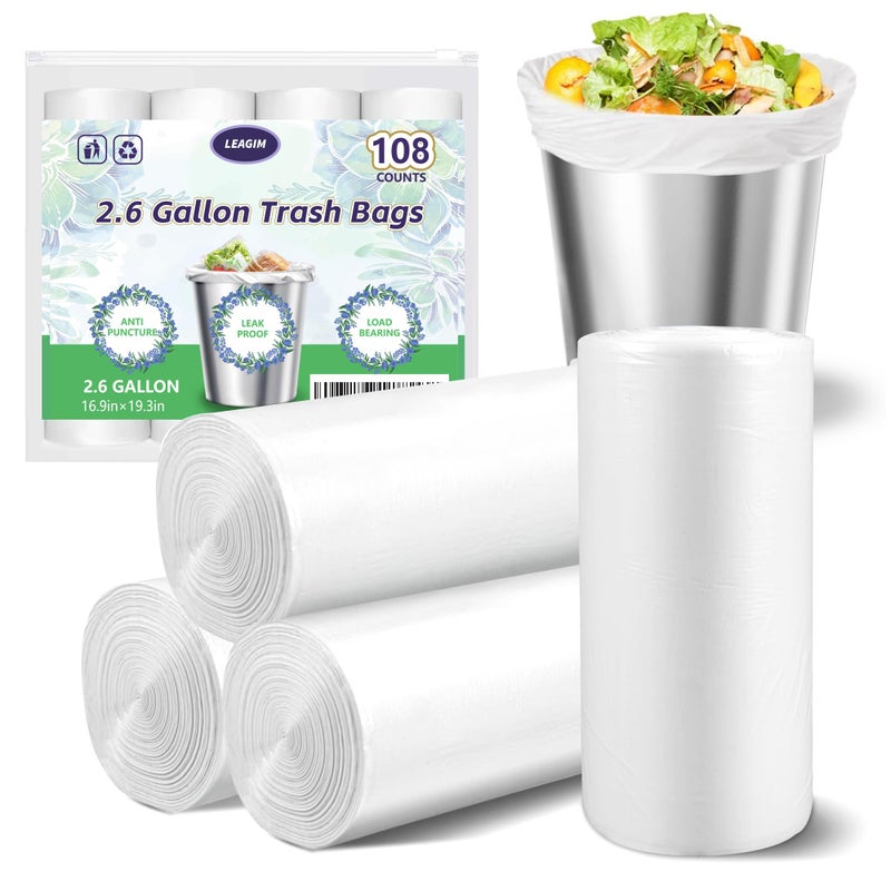 LEAGIM Small Trash Bags 2.6 Gallon-108 Count Leakage-Proof Strong, Small Mini Garbage Bags for Bathroom, Bedroom, Office, White Small Trash Can Liners - Image 1