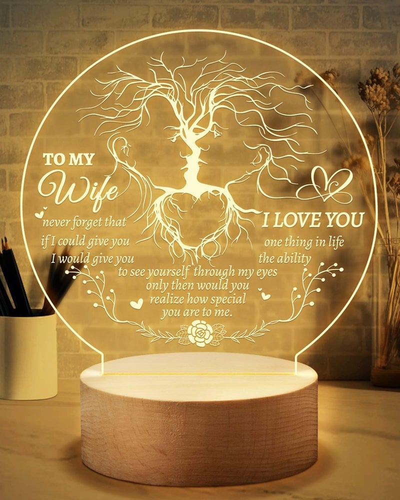 Al Raied ARS® Wife Love Saying Night Light - Acrylic and Wood Decorative Lamp for Romantic Occasions - Image 1