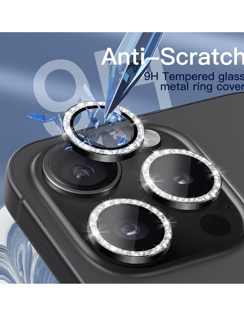 Raxoom Camera Lens Protector for iPhone 15 Pro 6.1-Inch and iPhone 15 Pro Max 6.7-Inch, Bling Glitter Individual 9H Tempered Glass Metal Ring Cover, HD Clear, 3-Pack (Black Titanium) - Image 4