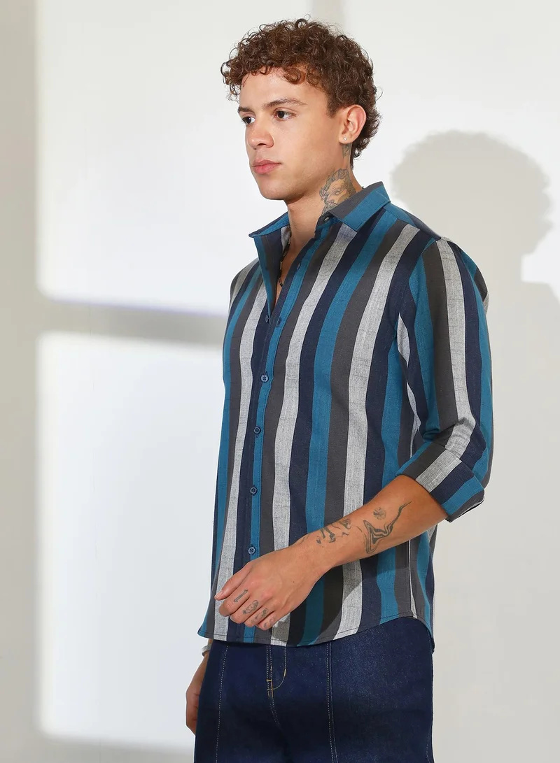 CAHOOT  Men's Navy Blue & Ash Grey Block-Striped Shirt for Men | Best Price UAE