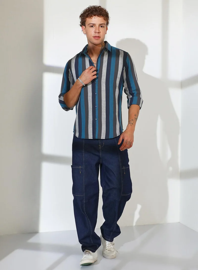 CAHOOT  Men's Navy Blue & Ash Grey Block-Striped Shirt for Men | Best Price UAE