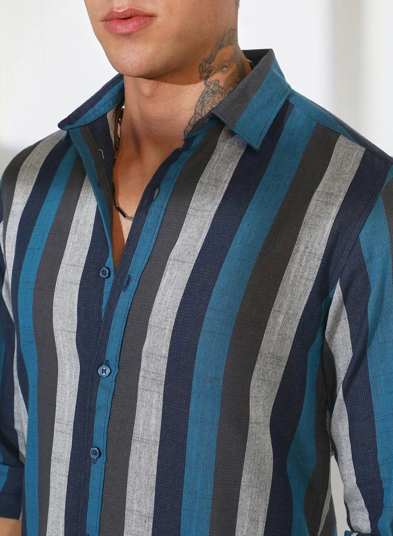 CAHOOT  Men's Navy Blue & Ash Grey Block-Striped Shirt for Men | Best Price UAE