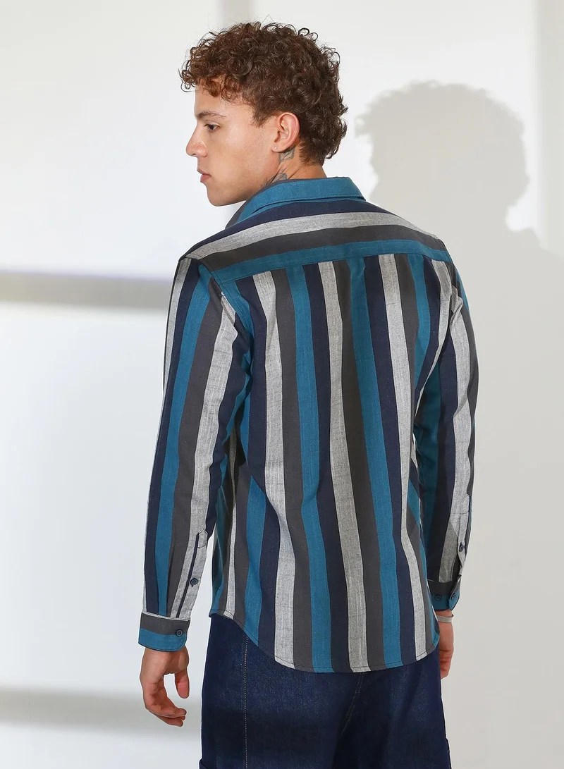 CAHOOT  Men's Navy Blue & Ash Grey Block-Striped Shirt for Men | Best Price UAE