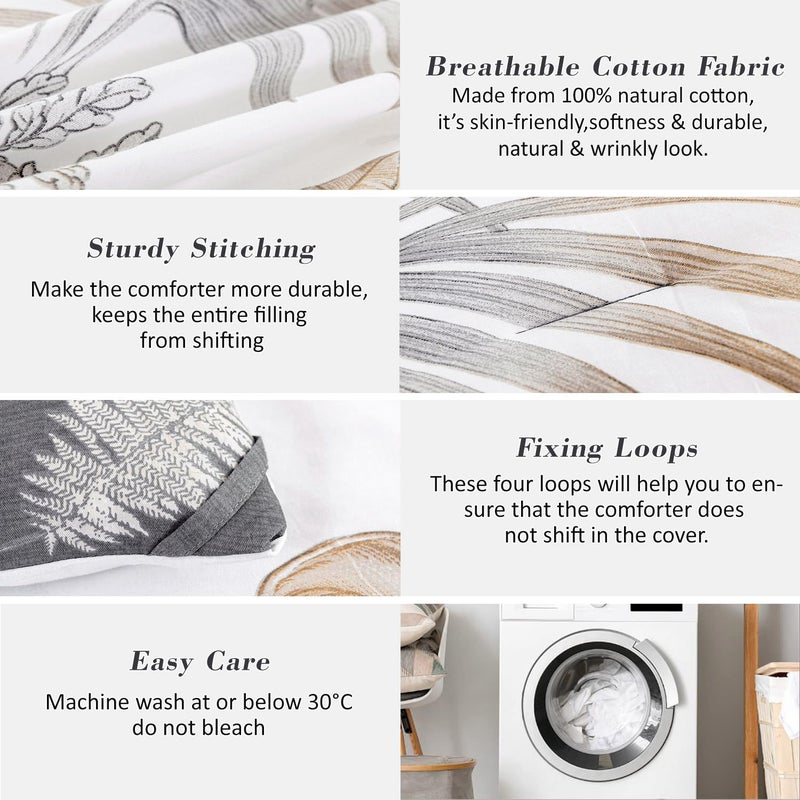 ALEISSEL Natural Cotton 3pcs Floral Comforter Sets Queen Size-Gray Comforter with Luxurious Brown Branches and Taupe & Gray Leaves on White, Reversible Lightweight Bedding Sets(Queen) - Image 3