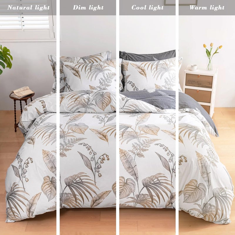ALEISSEL Natural Cotton 3pcs Floral Comforter Sets Queen Size-Gray Comforter with Luxurious Brown Branches and Taupe & Gray Leaves on White, Reversible Lightweight Bedding Sets(Queen) - Image 5