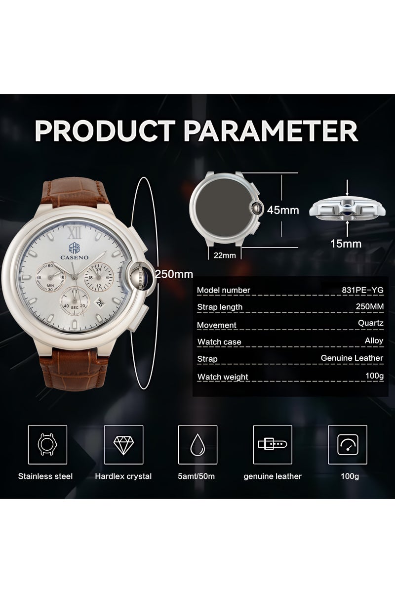 كاسانو ساعات رجالية فاخرة مقاومة للماء من الكوارتز كرونوغراف للرجال بحزام من الجلد الأصلي - Image 5