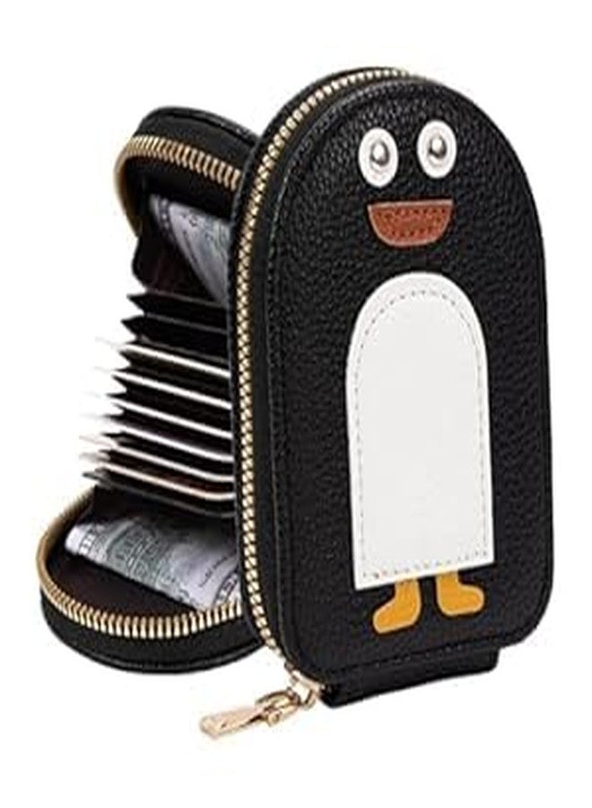 SAMTROH Small Cartoon Penguin Shape Card Holder Coin Purse Keychain Pendant Ladies Cute Leather Zipper Credit Card ID Wallet (Black) - Image 2