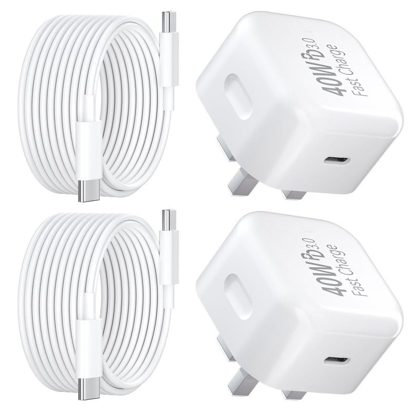 DiHines USB C Charger for iPhone 17 16 15 Charger 40W Fast Charger USB C Plug and Cables 3M, 2Pack Type C UK Wall Phone Power Adapter USBC Lead for iPhone 17 Air 16 15 Pro Max/iPad/Samsung S25 Ultra/S24/S23 - Image 1