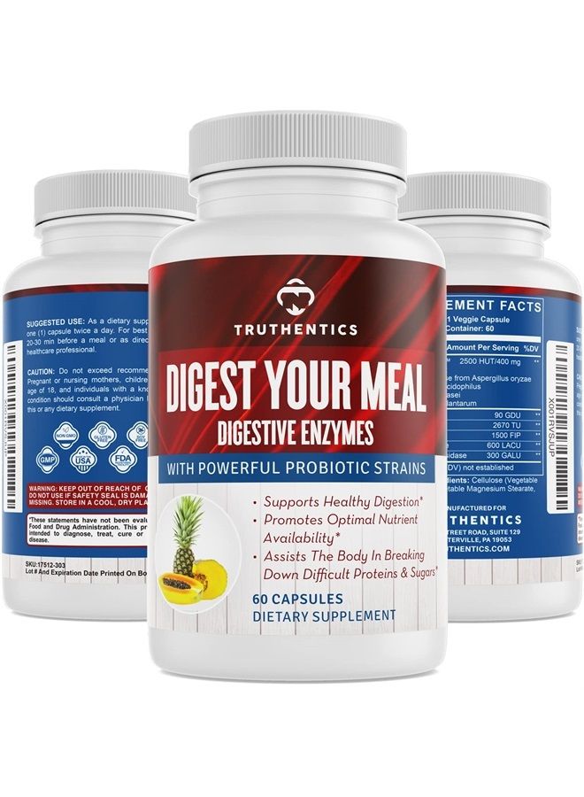TRUTHENTICS Digestive Enzymes Plus Probiotics with Bromelain, Lactase, Lipase, Acidophilus - Supports Healthy Digestion, Gas, Bloating, Constipation Relief - Vegan Digestive Aid - 60 Capsules - Image 1