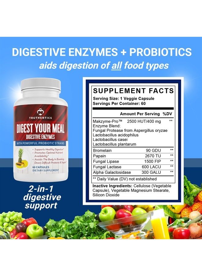 TRUTHENTICS Digestive Enzymes Plus Probiotics with Bromelain, Lactase, Lipase, Acidophilus - Supports Healthy Digestion, Gas, Bloating, Constipation Relief - Vegan Digestive Aid - 60 Capsules - Image 2