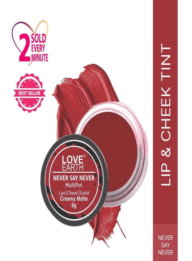Love Earth Lip Tint & Cheek Tint Multipot - Never Say Never With Richness Of Essential Oils & Vitamin E For Lips, Eyelids And Cheeks, Creamy Matte - Bright Red - Image 2