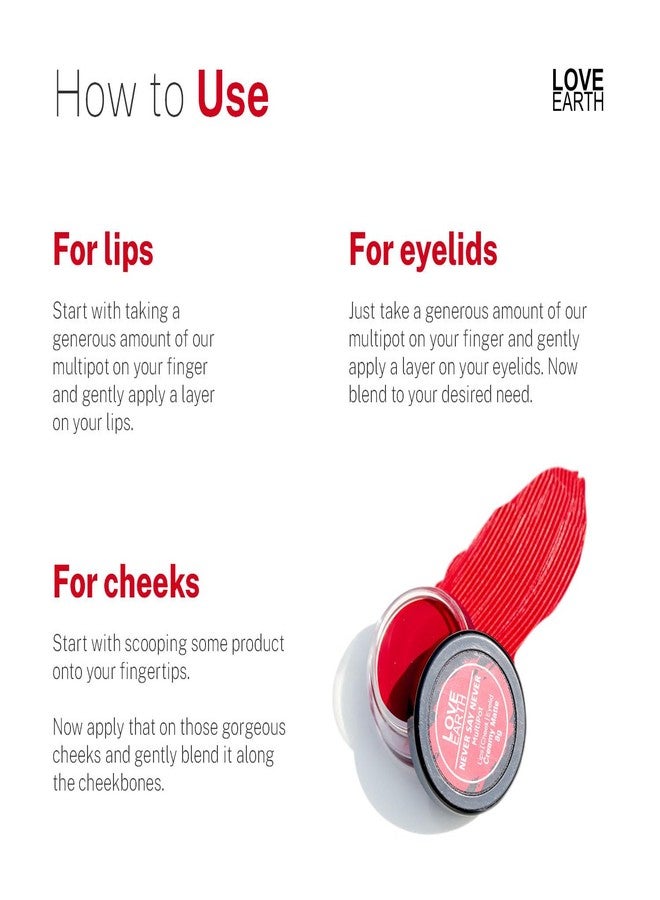 Love Earth Lip Tint & Cheek Tint Multipot - Never Say Never With Richness Of Essential Oils & Vitamin E For Lips, Eyelids And Cheeks, Creamy Matte - Bright Red - Image 5