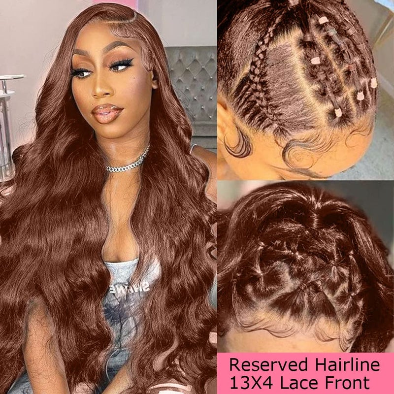 FKFO 200% Density Chocolate Brown Human Hair Wigs 13x4 Body Wave Lace Front Wig Pre Plucked Chestnut Brown Colored Human Hair Wigs For Women HD Transparent Lace Front Wig 24 Inch - Image 3