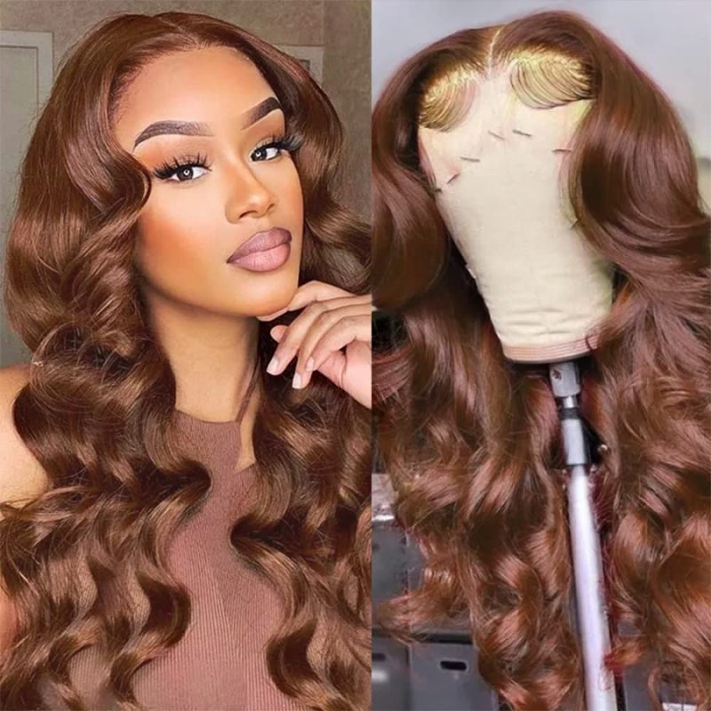 FKFO 200% Density Chocolate Brown Human Hair Wigs 13x4 Body Wave Lace Front Wig Pre Plucked Chestnut Brown Colored Human Hair Wigs For Women HD Transparent Lace Front Wig 24 Inch - Image 5
