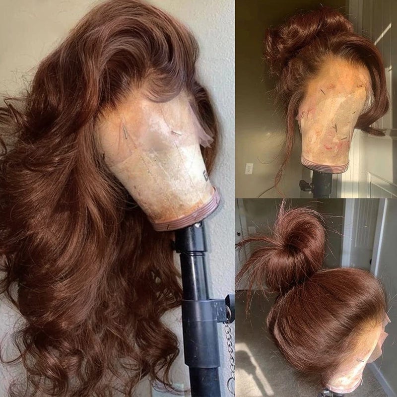 FKFO 200% Density Chocolate Brown Human Hair Wigs 13x4 Body Wave Lace Front Wig Pre Plucked Chestnut Brown Colored Human Hair Wigs For Women HD Transparent Lace Front Wig 24 Inch - Image 1