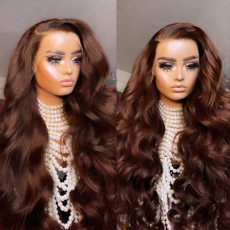 FKFO 200% Density Chocolate Brown Human Hair Wigs 13x4 Body Wave Lace Front Wig Pre Plucked Chestnut Brown Colored Human Hair Wigs For Women HD Transparent Lace Front Wig 24 Inch - Image 2