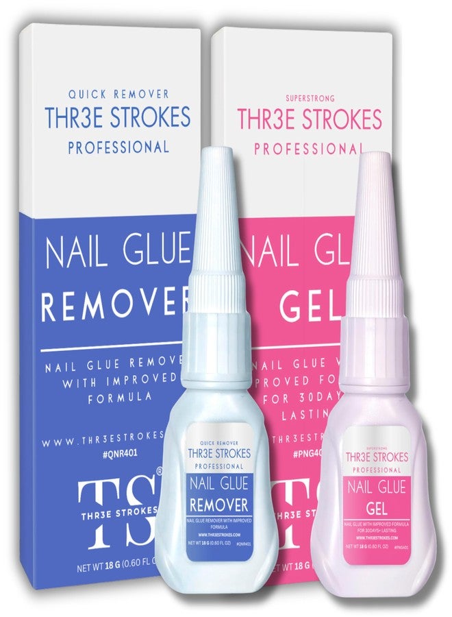 THR3E STROKES New Upgrade Super Strong Nail Glue Gel and Quickly Nail Glue Remover Kit Press on Nail,G1 Long-lasting 30+ Days Without UV Light,R1 Dropper-type Easily Remove Nail, Salon Professional Bundle (COMBO) - Image 1