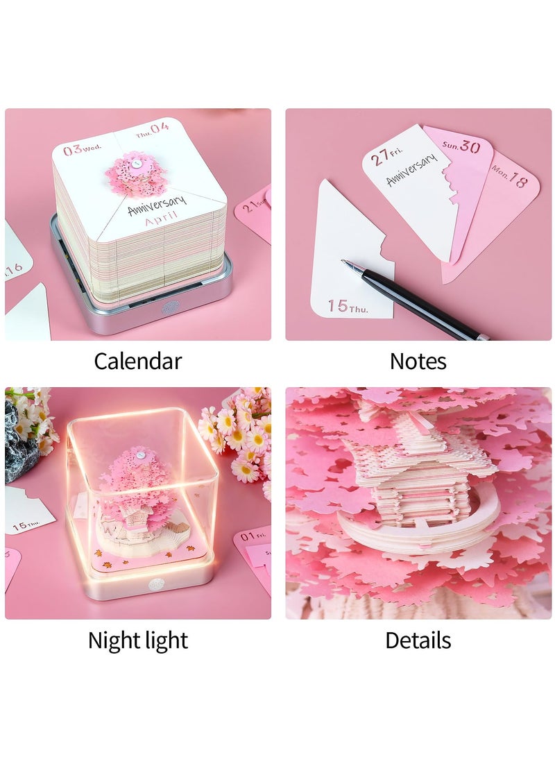 Excefore 3D Memo Pads Paper Desk Calendar With Lights 2024 Artist Desk Calendar Sakura Tree Creative 3D Paper Sculpture Model Notepad Carving Gift Desktop Decoration Creative Gift Sakura Tree Pink - Image 2