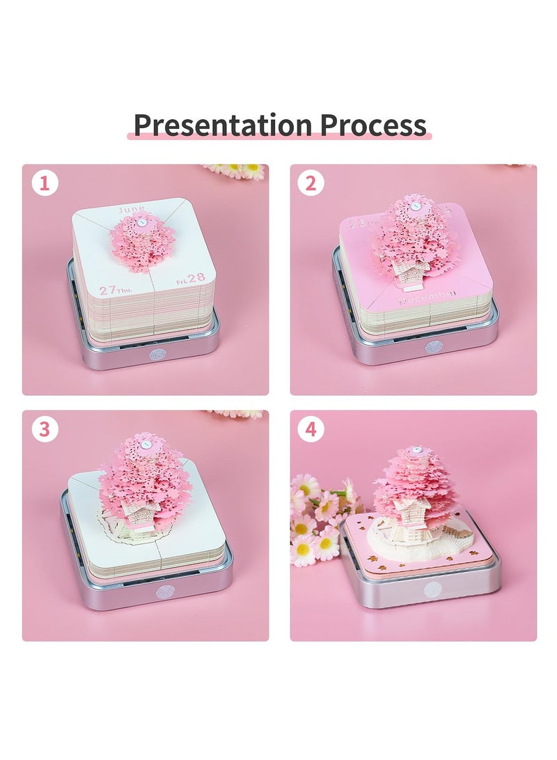 Excefore 3D Memo Pads Paper Desk Calendar With Lights 2024 Artist Desk Calendar Sakura Tree Creative 3D Paper Sculpture Model Notepad Carving Gift Desktop Decoration Creative Gift Sakura Tree Pink - Image 3