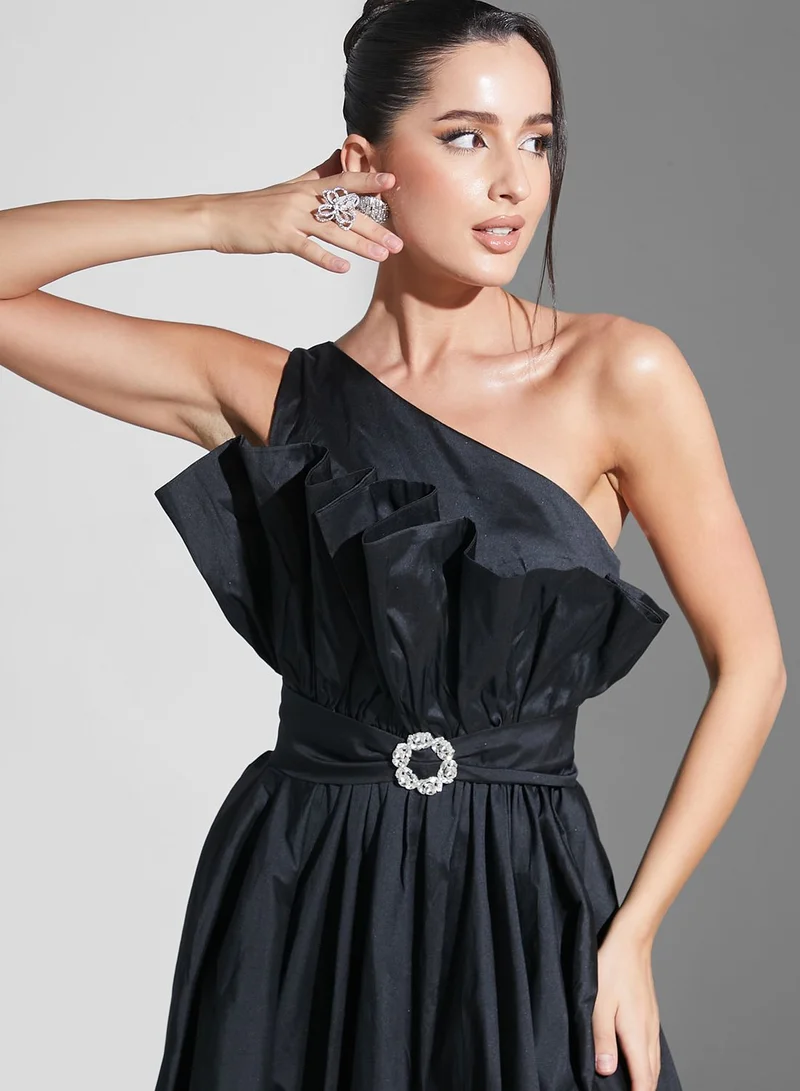 Namshi X Zena Louay Zena Louay One Shoulder Ruffle Detail Dress