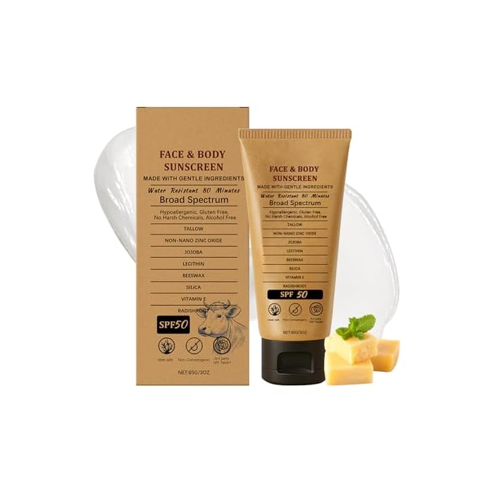 Beef Tallow Sunscreen SPF 50 - Grass Fed Beef Tallow, Non-Nano Zinc Oxide Sunblock, Water Resistant, Clean Non-greasy Formula for Face and Body, 3 Oz