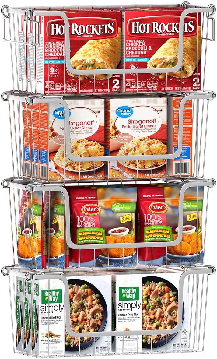 Orgneas Freezer Organizer Bins, Stackable Chest Freezer Baskets Metal Wire Kitchen Pantry Storage Open Front Deep Freezer Baskets with Foldable Handles, Set of 4 - Image 1