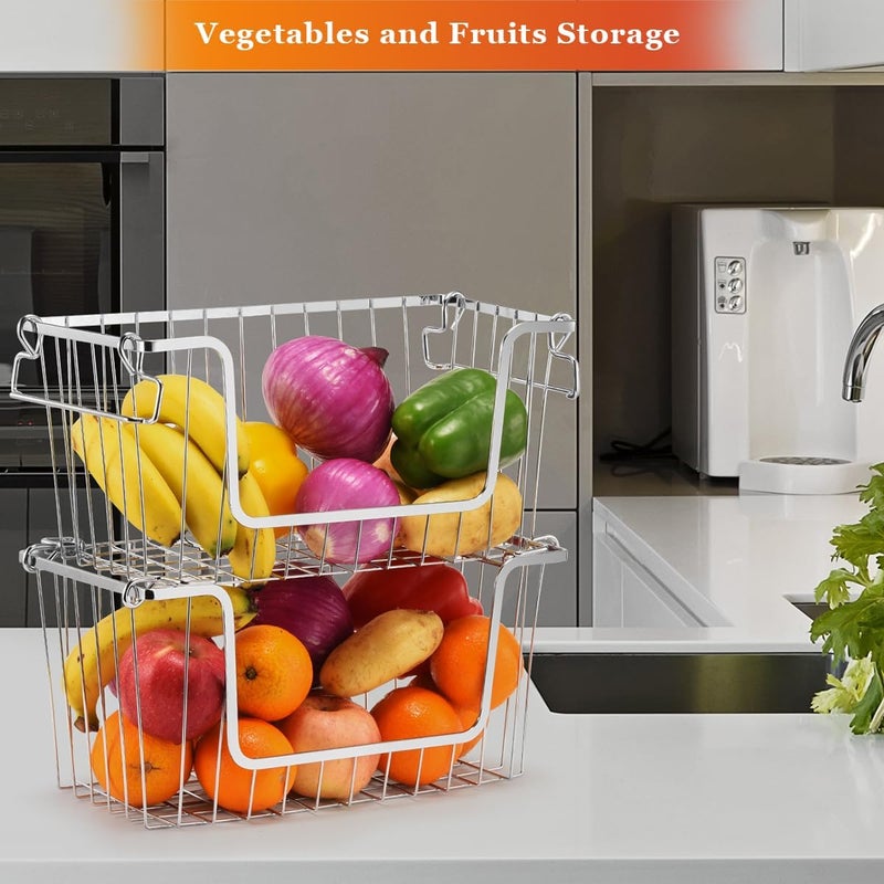 Orgneas Freezer Organizer Bins, Stackable Chest Freezer Baskets Metal Wire Kitchen Pantry Storage Open Front Deep Freezer Baskets with Foldable Handles, Set of 4 - Image 4