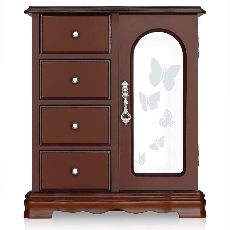 RR ROUND RICH DESIGN Jewelry Box - Made of Solid Wood with 4 Drawers Organizer and Built-in Necklace Carousel and Large Mirror Brown - Image 1