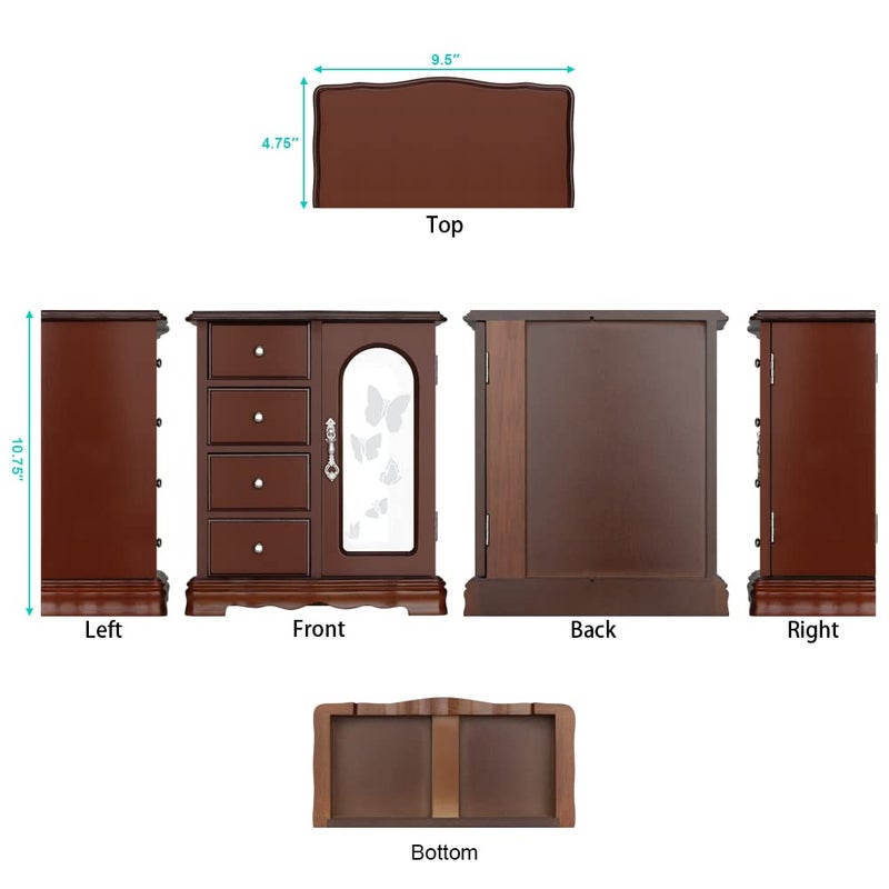RR ROUND RICH DESIGN Jewelry Box - Made of Solid Wood with 4 Drawers Organizer and Built-in Necklace Carousel and Large Mirror Brown - Image 5