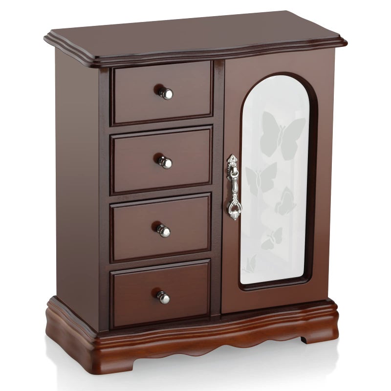 RR ROUND RICH DESIGN Jewelry Box - Made of Solid Wood with 4 Drawers Organizer and Built-in Necklace Carousel and Large Mirror Brown - Image 2