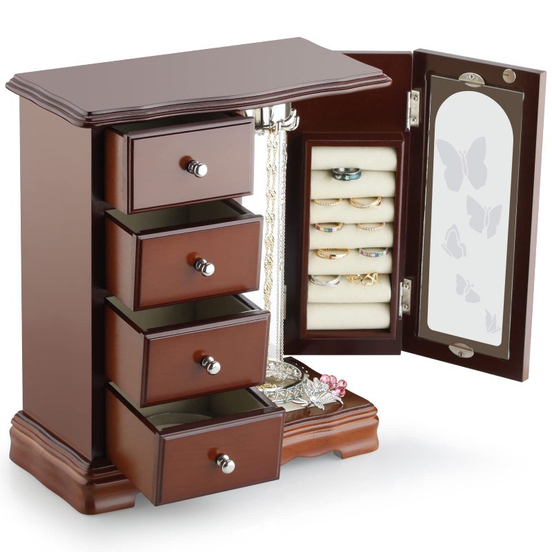 RR ROUND RICH DESIGN Jewelry Box - Made of Solid Wood with 4 Drawers Organizer and Built-in Necklace Carousel and Large Mirror Brown - Image 3