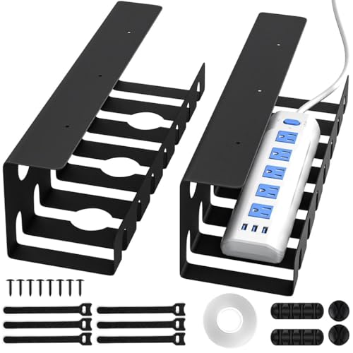 OFIFO® 2Pcs Under Desk Cable Organizers with Assorted Cable Clip Holders Cable Ties U-Channel Power Extension Outlet Holder Metal Cable Holder Organzier Rack Cord Organizer, with Screws & Tape - Image 1