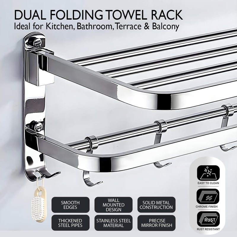 Pivalo Pivalo Stainless Steel Towel Rack Double Rod Folding Wall Mounted Napkin Holder Multipurpose Hanger Shelf Bathroom Accessories and Fittings for Kitchen Washroom Wash Basin (Pack of 1)  - Image 4