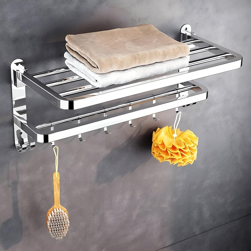 Pivalo Pivalo Stainless Steel Towel Rack Double Rod Folding Wall Mounted Napkin Holder Multipurpose Hanger Shelf Bathroom Accessories and Fittings for Kitchen Washroom Wash Basin (Pack of 1)  - Image 1
