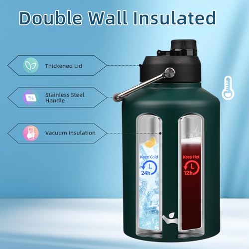 Konokyo 1 Gallon Jug with Handle,128 oz Insulated Water Bottle with Carrying Pouch, Double Wall Vacuum Stainless Steel Metal Bottle,Dark Green - Image 3