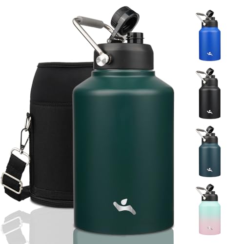 Konokyo 1 Gallon Jug with Handle,128 oz Insulated Water Bottle with Carrying Pouch, Double Wall Vacuum Stainless Steel Metal Bottle,Dark Green - Image 1