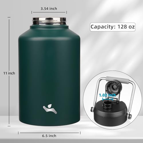 Konokyo 1 Gallon Jug with Handle,128 oz Insulated Water Bottle with Carrying Pouch, Double Wall Vacuum Stainless Steel Metal Bottle,Dark Green - Image 2