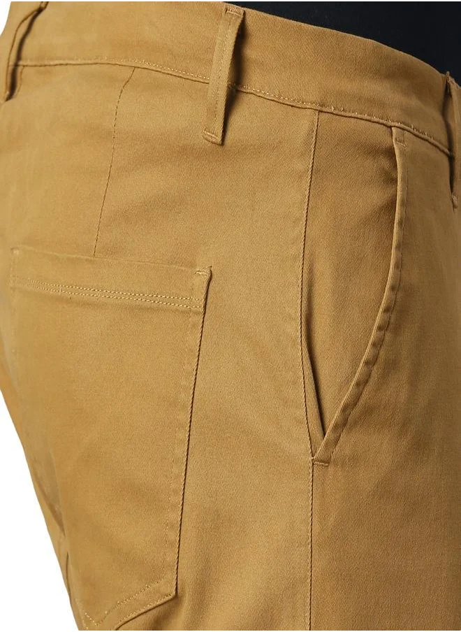 دينيس لينغو Men's Khaki Tapered Fit Cargo Trousers - Mid-Rise, Button & Zip Closure