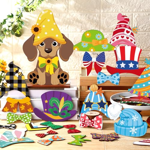 Anglechic 42 Pcs Small Interchangeable Dog Sign Holiday Summer Decor Seasonal Table Centerpiece Farmhouse Rustic Magnetic Desk Accessories Wooden Home Office Room Welcome Tiered Tray Decoration Gifts - Image 4