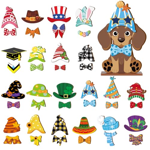 Anglechic 42 Pcs Small Interchangeable Dog Sign Holiday Summer Decor Seasonal Table Centerpiece Farmhouse Rustic Magnetic Desk Accessories Wooden Home Office Room Welcome Tiered Tray Decoration Gifts - Image 1