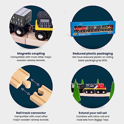 Bigjigs Rail Wooden CN Train - 1 Engine, 2 Carriages & 2 Track Pieces, Kids Train Toy Accessories, Toddler Railway Sets, Trains with Magnetic Couplings, for 3+ Year Old - Image 3