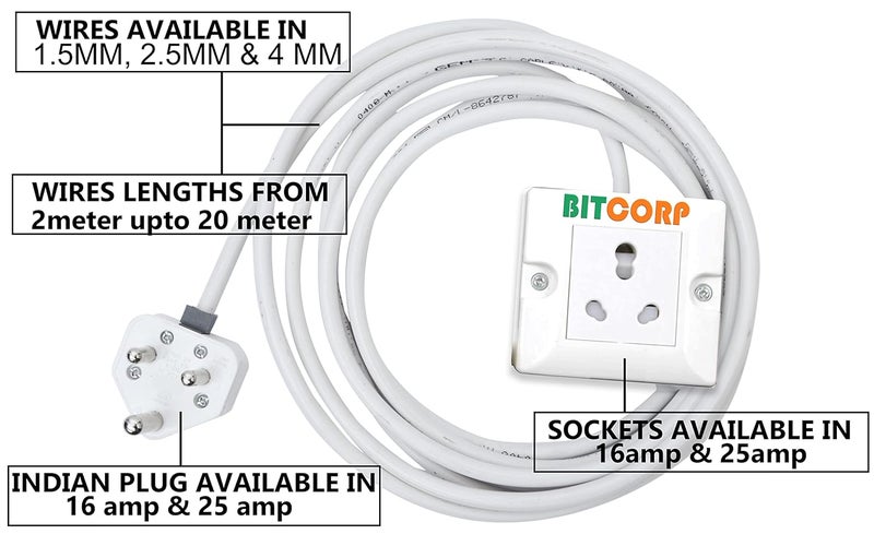 BITCORP لوحة تمديد بتيكورب بمقبس واحد 1 طريق 15A 16A 20A 2500W بطول 2 متر كابل متوافق مع الثلاجة والغسالة والميكروويف والأجهزة الثقيلة باللون الأبيض - Image 2
