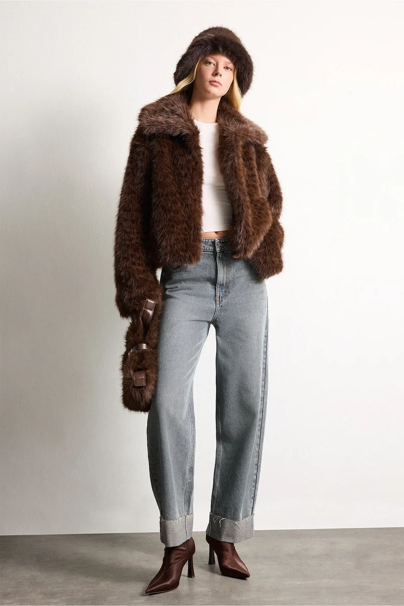 Defacto  Regular Fit Stand Collar Faux Fur Jacket for Women | Best Price UAE