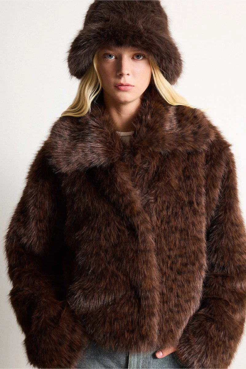 Regular Fit Stand Collar Faux Fur Jacket