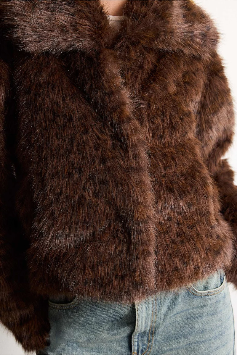 Defacto  Regular Fit Stand Collar Faux Fur Jacket for Women | Best Price UAE