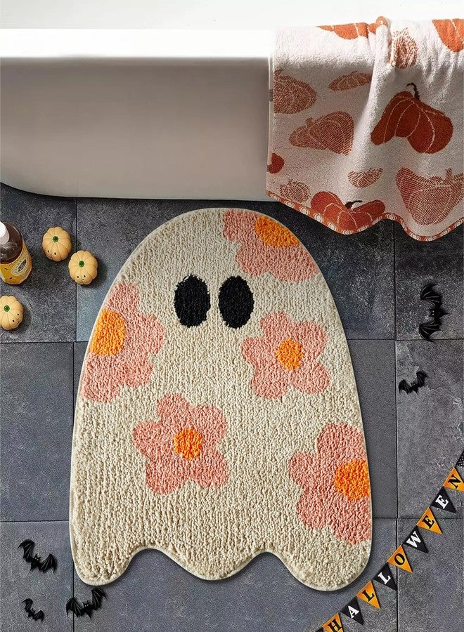 Ouyattle Cute Ghost Shaped Halloween Bath Mat Boho Vintage Floral Funky Halloween Bath Mat for Bathroom Aesthetic Decorations, Modern Abstract Cool Gothic Spooky Spirit Bathroom Rugs Non-Slip Washable - Image 1