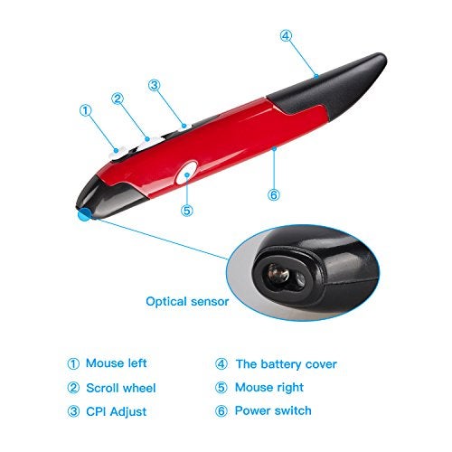 lychee Wireless Optical Pocket Pen Mouse, 2.4GHZ USB Wireless Optical Pen Mouse 800/1200/1600 DPI Adjustable Handwriting Mini Mice for PC Laptop Notebook Computer Mac (Red) - Image 4