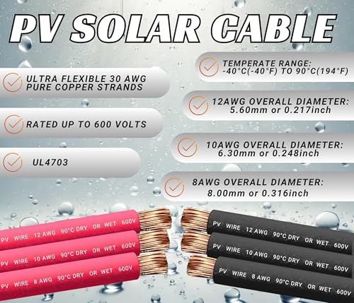 WindyNation 8 AWG 8 Gauge Pair 20 Feet Black + 20 Feet Red PV Photovoltaic Solar Panel Extension Cable Wire Solar Connector (Variety of Lengths Available) - Image 2