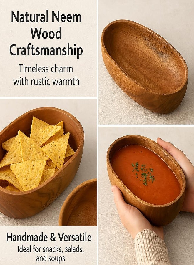 OGGN Wooden Oval Serving Bowl 8.5"x4" – Handcrafted Wooden Salad Bowl for Kitchen, Rustic Mixing Bowl, Natural Neem Soup Server, Antique Snack Dish, Organic Dinnerware, Farmhouse Cookware - Image 3