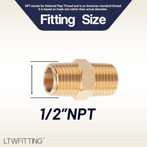 LTWFITTING Brass Pipe Hex Nipple Fitting 1/2 x 1/2 Inch Male Pipe NPT MNPT MPT Air Fuel Water(Pack of 5) - Image 2
